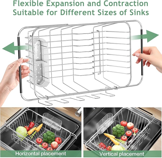 Small Dish Drying Rack in Sink, Extendable Stainless Steel Dish Drainers for Kitchen Counter, Anti-Rust Dish Dryer Rack with Utensil & Cup Holders, for Inside Sink, Over The Sink(for 1-2 People)