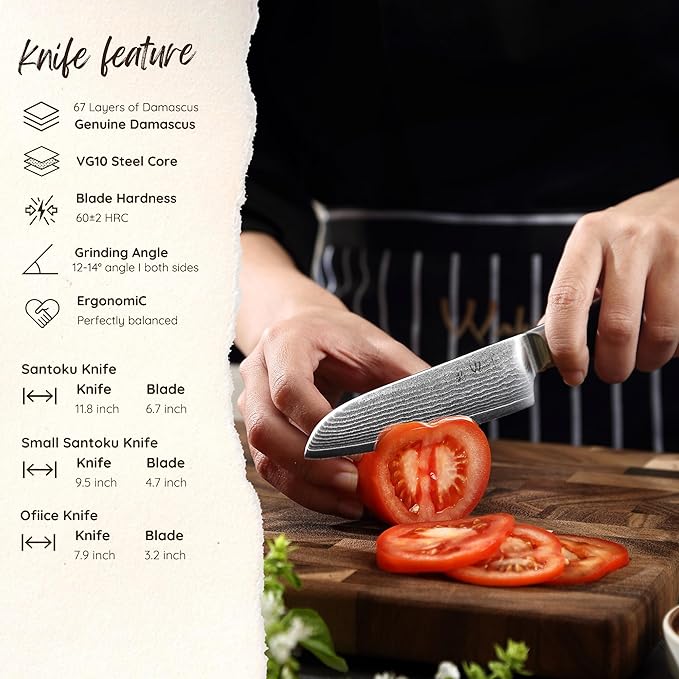 Wakoli Mikata 3-Piece Damascus Knife Set – Professional Kitchen Knife Set with VG10 Core, 67-Layer Damascus Steel and Ergonomic Micarta Handles – Premium Kitchen Knives Gift Set in Elegant Box