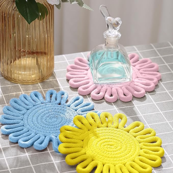 Trivet Mats Set for Hot Dishes, Trivet for Pots and Pans, Heat Resistant Hot Pads, Potholders for Kitchen, Colorful Boho Trivets, Table Decorations,Kitchen Essentials for New Home 7.5"(Blue)