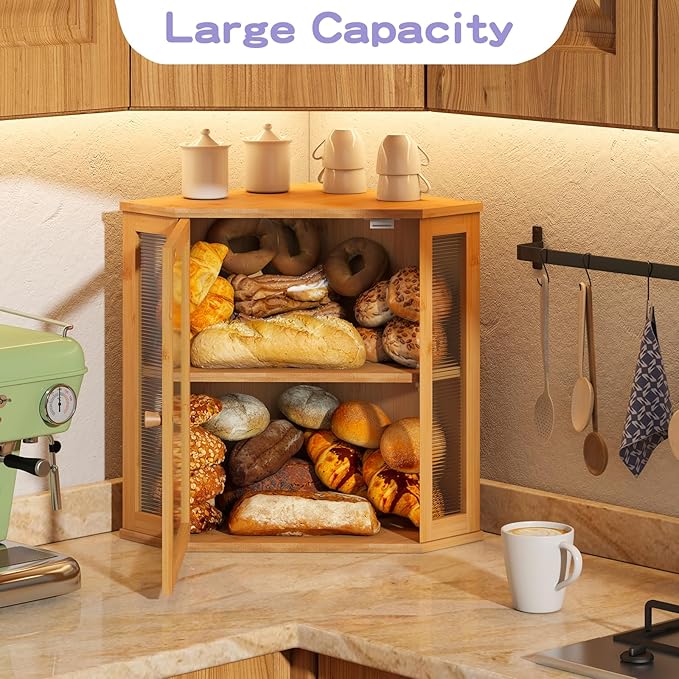 Corner Bread box for Kitchen Countertop,Farmhouse Bread Box with Acrylic Wavy Door Panel,Large Bread box for kitchen countertop,Kitchen Countertop Food Storage Container (Natural, Extra Large)