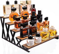 KALYLOC 5 Tier Wooden Display Riser Stand 13.8 Inch Metal Step Cologne Stand Perfume Organizer Tabletop Tiered Display Shelf Rack for Cupcake Spice Figures Cosmetics Candles (Brown, X-Shape)