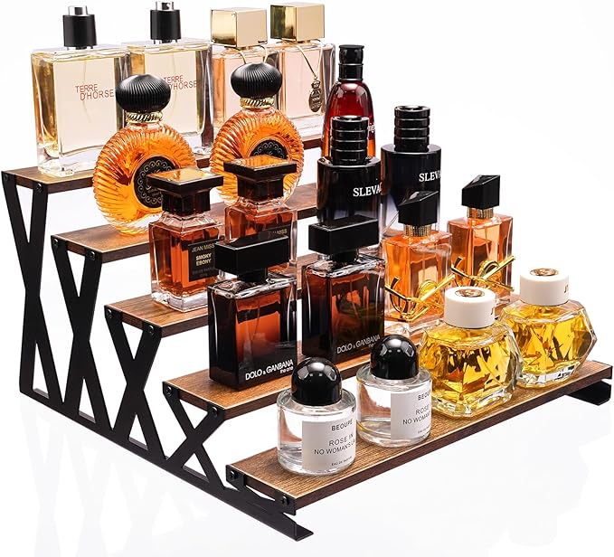 KALYLOC 5 Tier Wooden Display Riser Stand 13.8 Inch Metal Step Cologne Stand Perfume Organizer Tabletop Tiered Display Shelf Rack for Cupcake Spice Figures Cosmetics Candles (Brown, X-Shape)