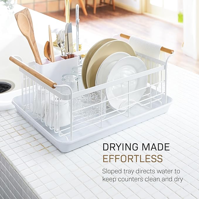 Yamazaki Home Dish Drying Rack – Modern White Dish Rack for Kitchen Counter with Removable Drainer Tray and Cutlery Holder, Steel + Wood Dish Drying Organizer, Small Space-Saving Design