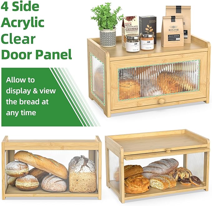 BAMBANG Extra Large Bamboo Bread Box for Kitchen Counter, Bread Storage Container Farmhouse Bread Box with 4 Sides Transparency, Wooden Breadbox Bread Bin Holder for Homemade Bread, Natural
