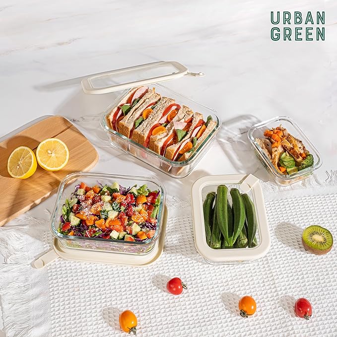 Urban Green Glass Food Storage Containers with Glass Lids, Microwave Safe Food Container Set, Airtight Food Container Set, LeakProof, 100% Plastic Free, White Color, 4pack