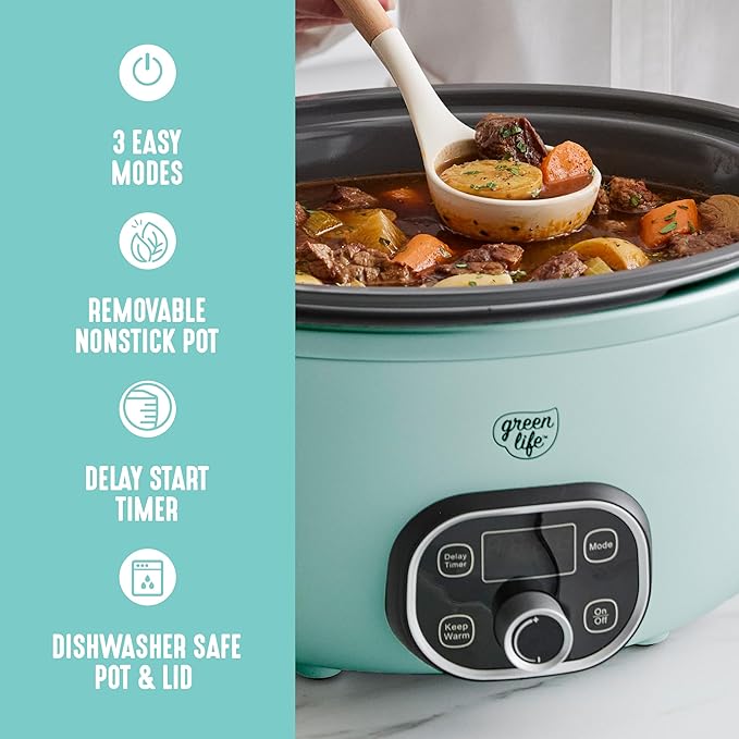 GreenLife 6QT Ceramic Slow Cooker, PFAS-Free, Programmable, Removable Healthy Nonstick Pot for Family Meals, Sear on Stovetop, Keep Warm, Digital Timer, Dishwasher Safe Crock, Turquoise