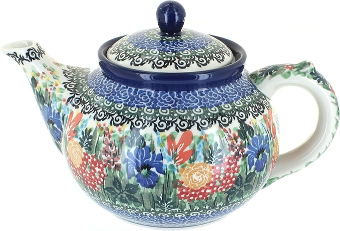 Blue Rose Polish Pottery - Blue Summer Blooms Medium Teapot - 4 Cup Capacity - Hand-Painted Polish Pottery Ceramic Coffee & Tea Server