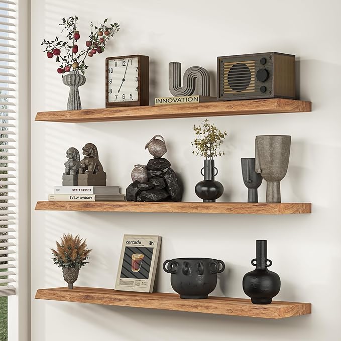 Fun Memories 24Inch Floating Shelves Set of 2, Rustic Solid Elm Wood Live Edge Floating Shelves, Invisible Bracket Mount for Living Room, Kitchen, Bathroom - Natural