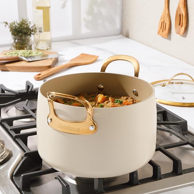 bloomhouse - Two Time Oprah's Favorite Things Winner - 8 Quart Heavy Duty Aluminum Premium PFA Free Ceramic Nonstick Dutch Oven Pot with Lid - Almond Cream w/Gold Handle