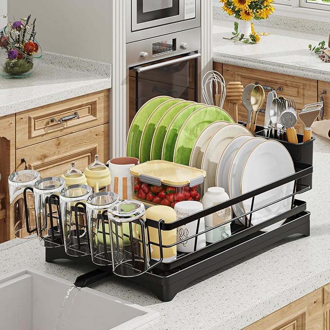 Dish Racks for Kitchen Counter, Rustproof Dish Drying Rack, Dish Drainers with Utensil Holder for Kitchen Sink, Kitchen Organizer for Dishes with Drip Tray, 12" W x 15.7" L, Black
