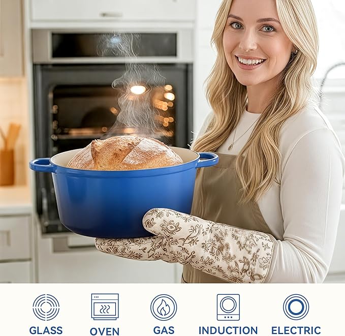 6 Quart Dutch Oven Pot with Lid, Non Stick Enameled Cast Iron Dutch Oven for Bread Baking, Heavy-Duty, Oven Safe Ceramic Cookware Up to 500°F for Baking, Braising, Stews, Roasting, Blue