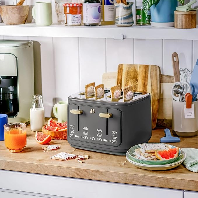 Beautiful 4 Slices Toaster with Touch-Activated Digital Display, Extra Wide Self-Adjusting Slots, Adjustable Shade Control, by Drew Barrymore (Gray)