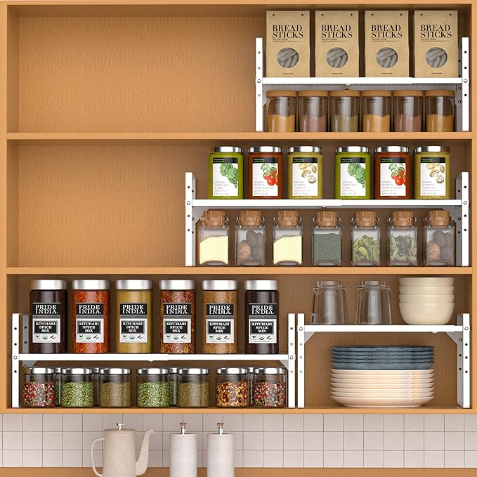 Cabinet Organizer Shelves,Expandable Spice Racks,Stackable Countertop for Organizer Pantry Counter Under Sink,Adjustable Storage Shelf Racks for Kitchen Home Office,White,3 Packs