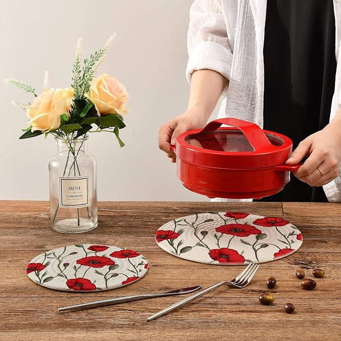 Red Poppies Kitchen Trivets Pot Holders Set of 2, Trivets for Hot Pots Dishes Woven Trivet Coaster Pad Mat for Counter