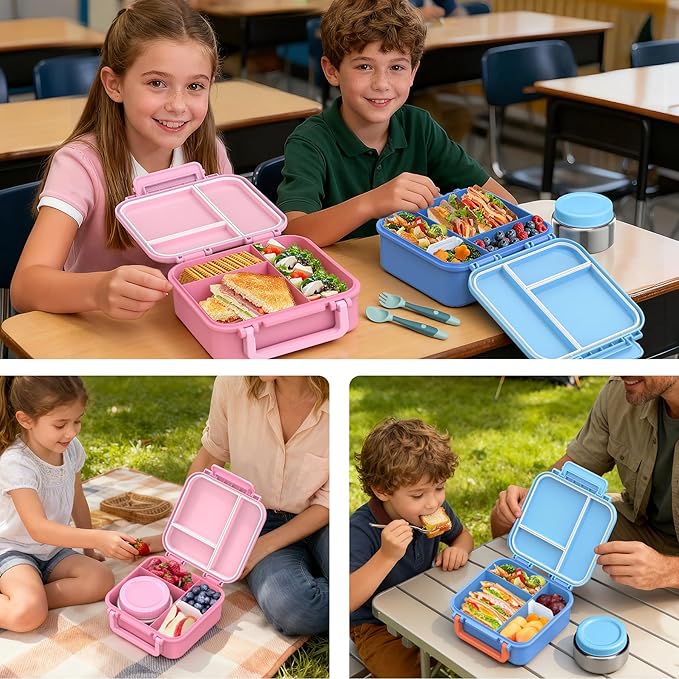 Bento Box for Kids with Soup Thermos(9oz)– Kid Bento Lunch Box with Leak Proof Insulated Food Jar, Hot & Cold Lunch Container Set for School Girls Boys, 4-Compartments, Dishwasher Safe, Pink