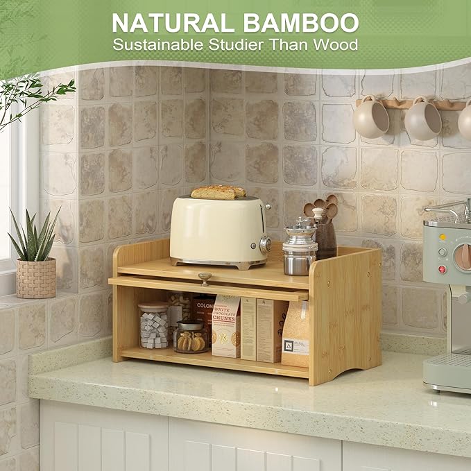 Vintage Bread Box for Kitchen Countertop Large Farmhouse Bread Storage Container under Cabinet Mount Bamboo Breadbox Organizer with Window for Homemade Bread (Bamboo)