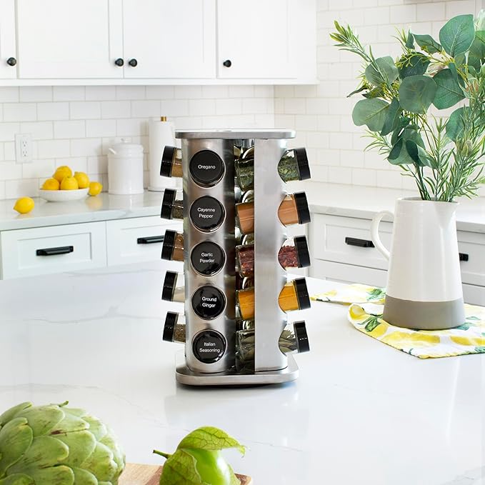 Orii 20 Jar Spice Rack with Spices Included - Revolving Tower Organizer for Kitchen Spices and Seasonings, (Stainless Steel)