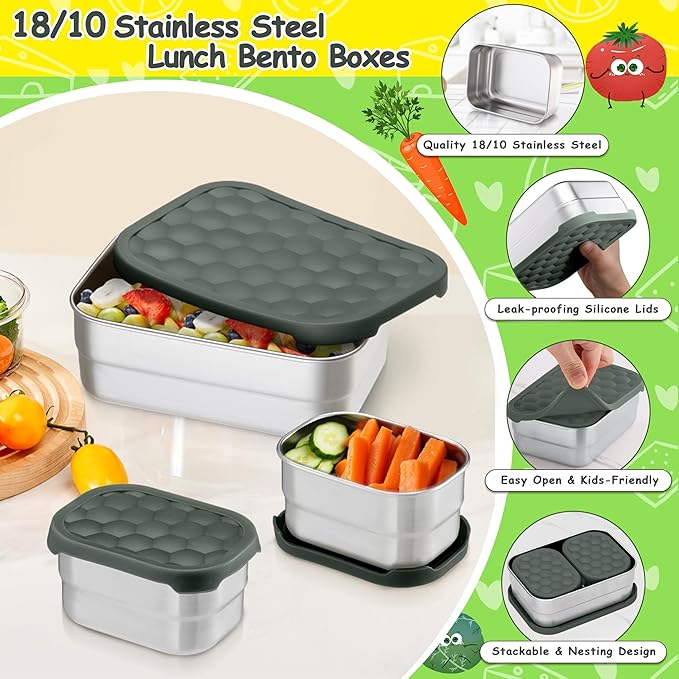 Homikit 3 Pack Kids Lunch Box Set, 18/10 Stainless Steel Bento Boxes with Silicone Lids Leak Proof, 5 Cups Reusable Metal Food Snack Containers for School Daycare, Nontoxic & Dishwasher Safe, Gray