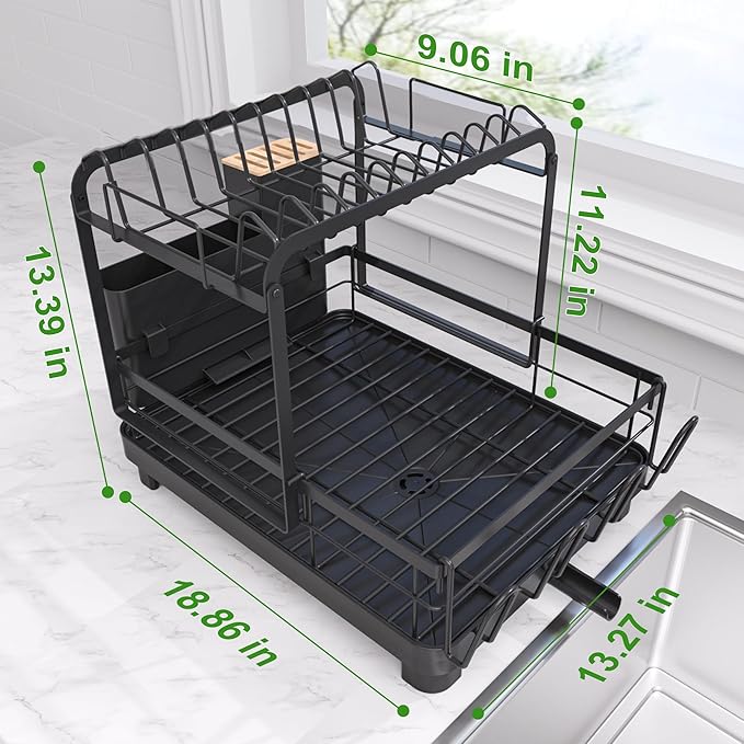 Runnatal 2-Tier Dish Drying Rack, Large Dish Rack with Drainboard Set, Detachable 4-in-1 Large Capacity Dish Drainer Over The Sink Anti-Rust for Kitchen Counter, Black