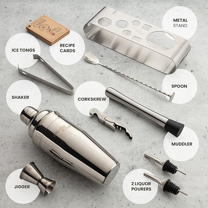Mixology & Craft Cocktail Shaker Set - 24oz Bartender Kit with Bar Accessories, Stainless Steel Stand, Tools & Recipe Cards - Leak-Proof & Gift-Ready