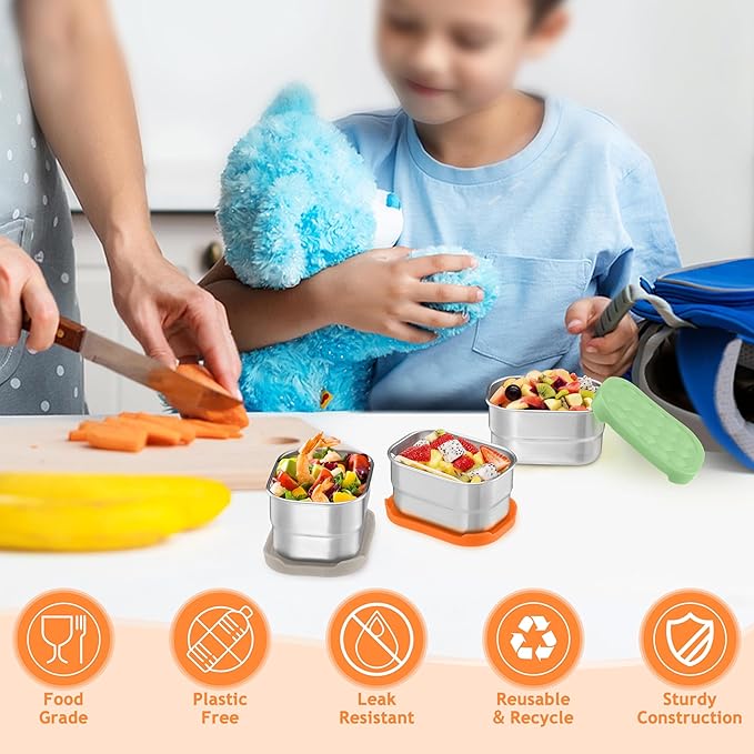 Homikit 3 Pack Snack Containers for Kids, 18/10 Stainless Steel Toddler Lunch Box with Silicone Lids, Reusable Bento Food Container Set for School Daycare, Nontoxic & Leak Proof, Green/Khaki/Orange