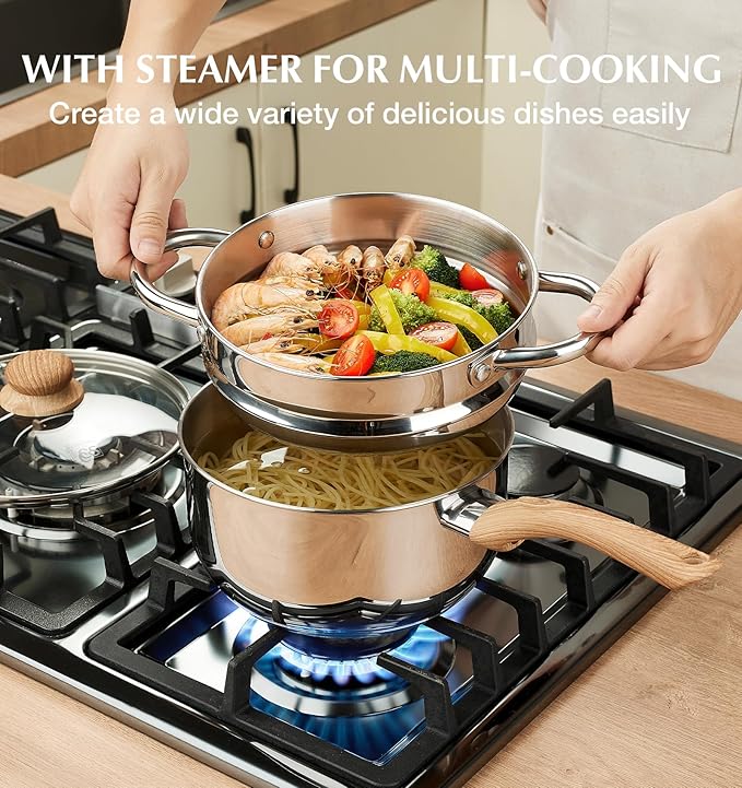 KOCH SYSTEME CS Stainless Steel Saucepan with Steamer Insert, Premium 18/10 Stainless Steel Pot 3 Quart with Cool-Touch Handle, 3 Quart Sauce Pan with Lid, Induction Compatible, Dishwasher Safe
