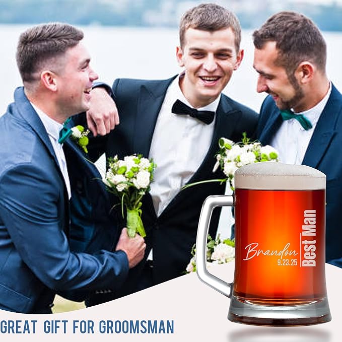 Personalized Groomsmen Gift, 17oz Beer Glass with Handle, Custom Beer Mug Best Man with Etched Name, Engraved Gifts for Wedding Favors, Best Man Proposal Gifts, Bachelor Party
