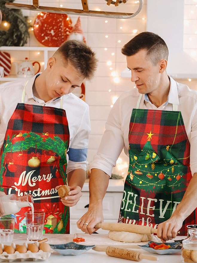 SATINIOR 4 Pcs 21.7" x 26.8" Christmas Aprons Adjustable Kitchen Aprons Xmas Plaid Merry Christmas Bib for Adults