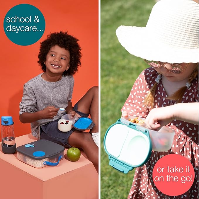 b.box Snack Box Reusable Snack Containers with Lids 2 compartments, Bento Box for kids and toddlers, Leakproof Lunch Box, BPA free and Dishwasher Safe Snack Container (Blue Slate, 1 3/4 Cup)