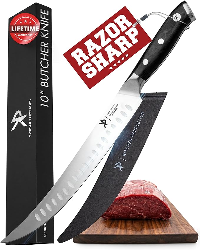 KITCHEN PERFECTION 10” Butcher Knife for Meat Cutting & Trimming-Ultra Sharp Cimeter Breaking Carving Knife with Sheath- Premium German Steel,Full Tang Ergonomic Handle -Perfect Grilling Gifts for Men