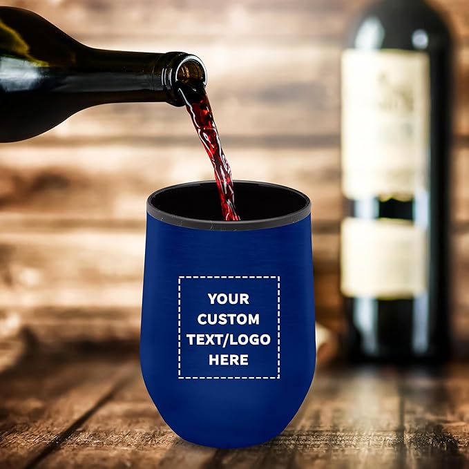 DISCOUNT PROMOS Custom Stemless Wine Tumblers 12 oz. Set of 1, Personalized Bulk Pack - Insulated, Perfect for Wine, Cocktails, Other Hot & Cold Beverages - Blue