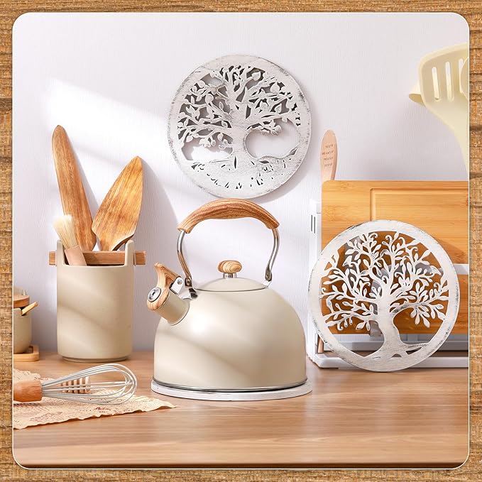 3 Pcs Life Tree Wooden Trivets for Hot Dishes 8 Rustic Round Tree Trivet Set Hot Plate Holders Heat Resistant Polite Trees Coasters for Table Dishes Pots and Pans(White)