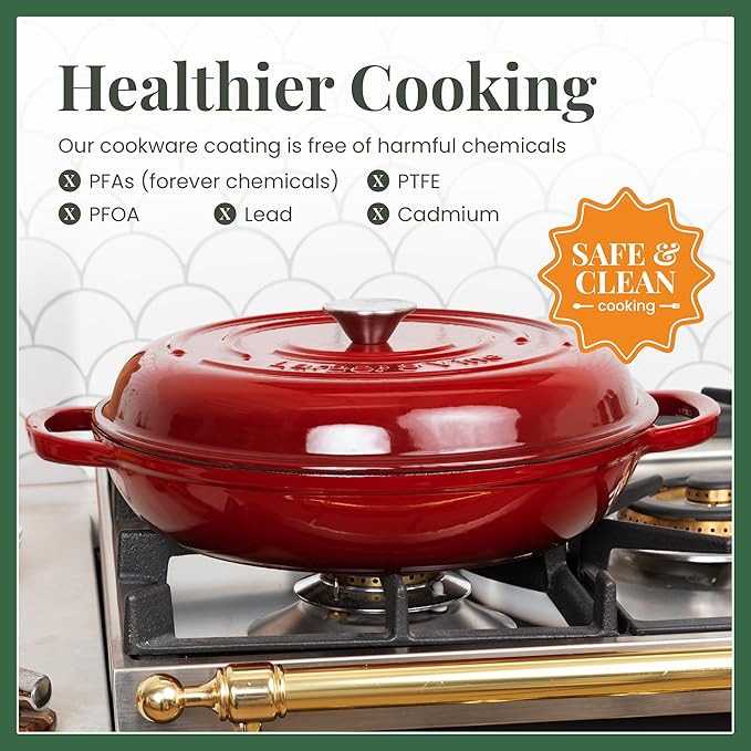 Larder & Vine Enameled Cast Iron Braiser | 3.6 qt Braiser Pan with Lid | Shallow Dutch Oven Compatible on All Cooktops | Casserole Dish Oven Safe to 500° F | Dual Handles | Cabernet