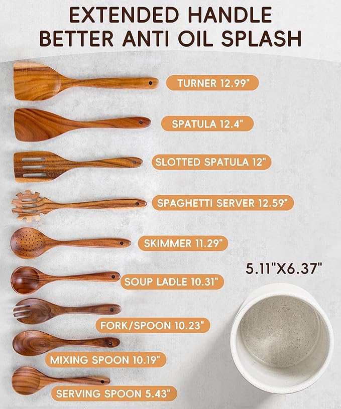 Nucookery Wooden Cooking Utensils Set with Holder, Teak Wood Utensils, Ceramic Holder for Countertop with Protection Cork Bottom, Nonstick Spoons, Cooking Spatula Set, 10 Pcs Kitchen Decor, (Sand)