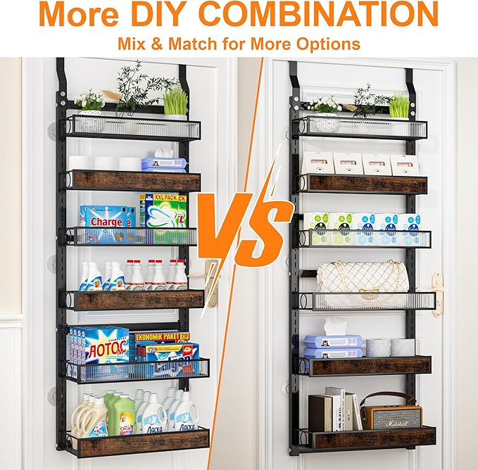 Over the Door Pantry Organizer,6 Tier Wall Mounted Hanging Spice Rack with Adjustable Basket,Heavy Duty Metal Back of Door Storage Shelf for Kitchen Pantry and Bathroom