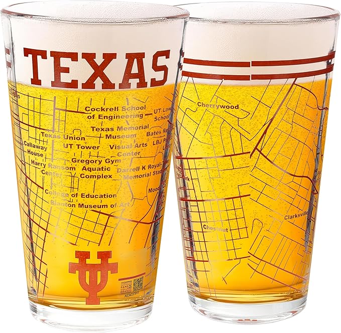 Greenline Goods – University of Texas Longhorns College Pint Beer Glasses (Set of 2), 16 oz – Full-Color Logo + Campus Map