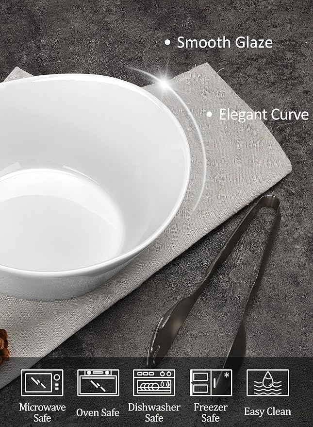 Yedio 48 oz Porcelain Salad Bowls Set of 4 – Large Serving Bowls for Pasta, Soup, Oatmeal, Snacks – Microwave & Dishwasher Safe, White Kitchen Bowl Set