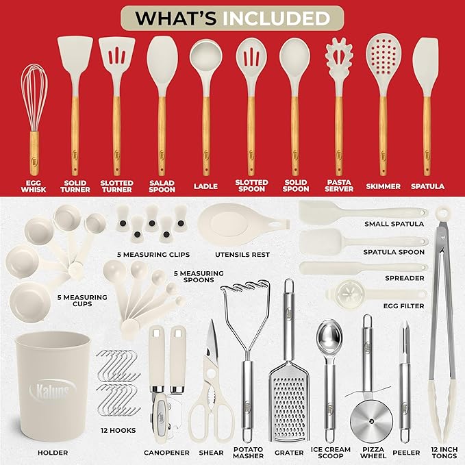 Kaluns 50 PCS Silicone Kitchen Utensils Set Complete Kitchen Set - 800°F Heat Resistant Non-Stick Premium Cooking Utensils W Wooden Handles - Can Opener, Masher, Turner, Silicone Spatula Set