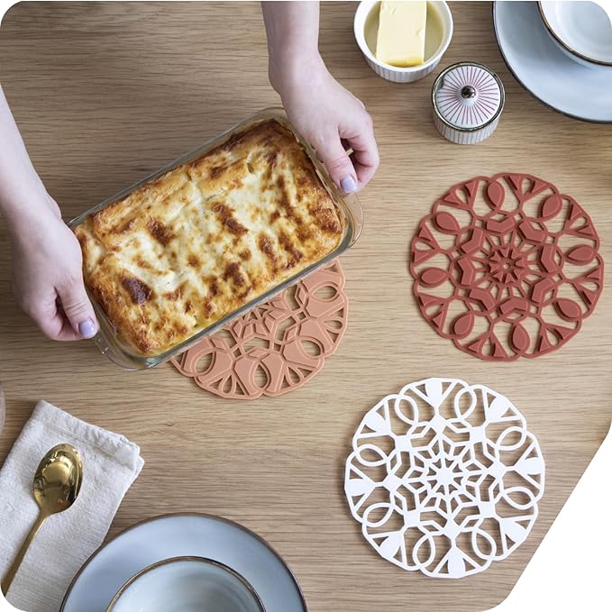 Peleg Design TriveTile Trivet Set – for Hot Pots and Pans - Fun and Decorative – Non-Slip Heat-Resistant Kitchen Trivets - Split into 3 Trivets, Holds 3 Dishes Simultaneously - 7x7 inches (Tan)