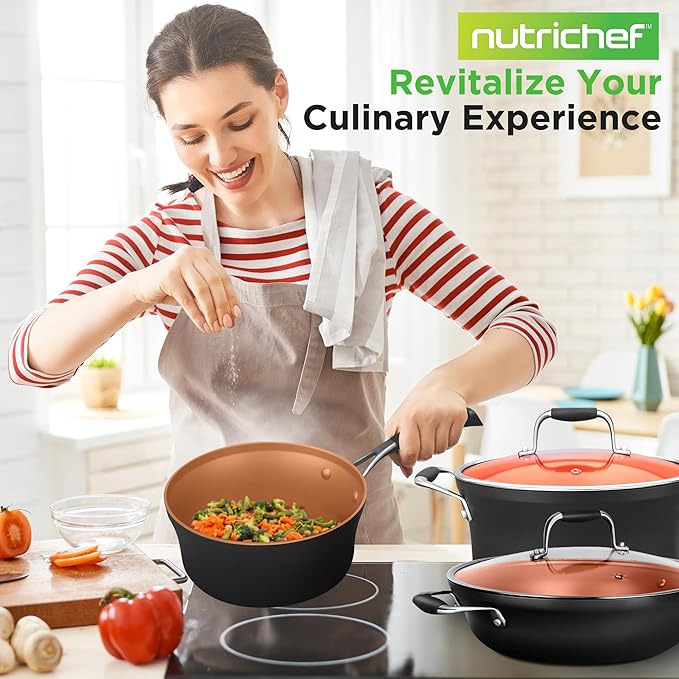 NutriChef 14-Piece Non-Stick Pots and Pans Set - Induction Ready Multi-Sized Cooking Pots with Lids, Small and Medium Frying Pans with Slotted Spatula, Pasta Server, Soup Ladle, Silicone Handles