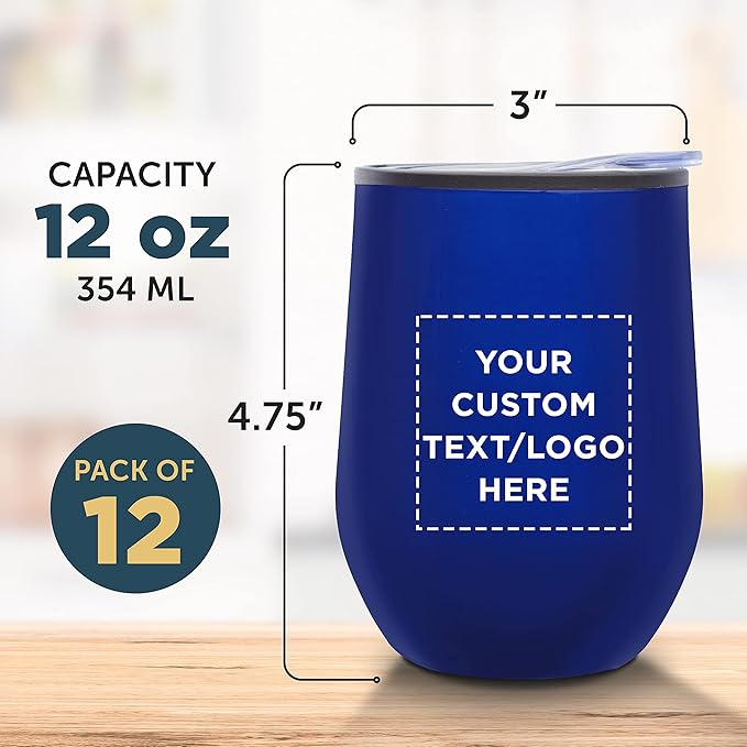Custom Stemless Wine Tumblers 12 oz. Set of 12, Personalized Bulk Pack - Insulated, Perfect for Wine, Cocktails, Other Hot & Cold Beverages - Blue