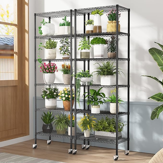 3 Pack Rolling 6-Tier Space-Saving Garage Wire Rack Shelving, 14"D x 24"W x 71"H Adjustable Metal Shelving with Wheels, 750 lbs Capacity Heavy Duty Storage Shelves for Garage, Closet & Kitchen, Black