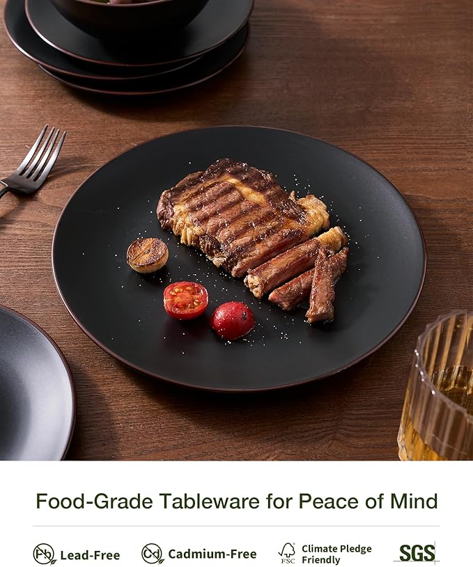 Famiware Venus Ceramic Plates and Bowls Sets, Dinnerware Dish Sets for 8 (24 Pieces) - Microwave and Dishwasher Safe, Matte Black