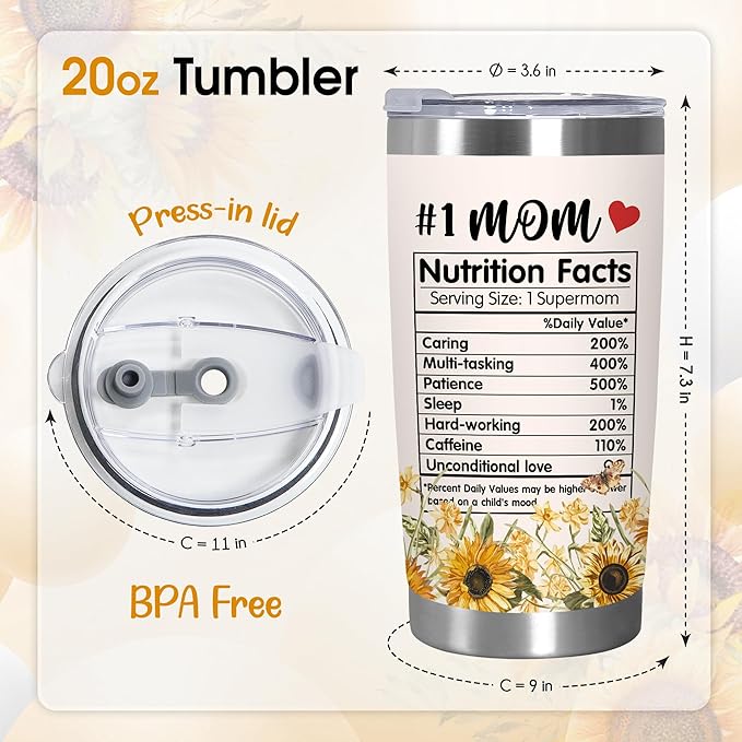 TEEZWONDER Christmas Birthday Gifts for Mom from Daughter Son - #1 Nutrition Facts Sunflower Stainless Steel Insulated Coffee Tumbler with Lid 20 oz - Mothers Birthday Gifts for Mama Grandma Women