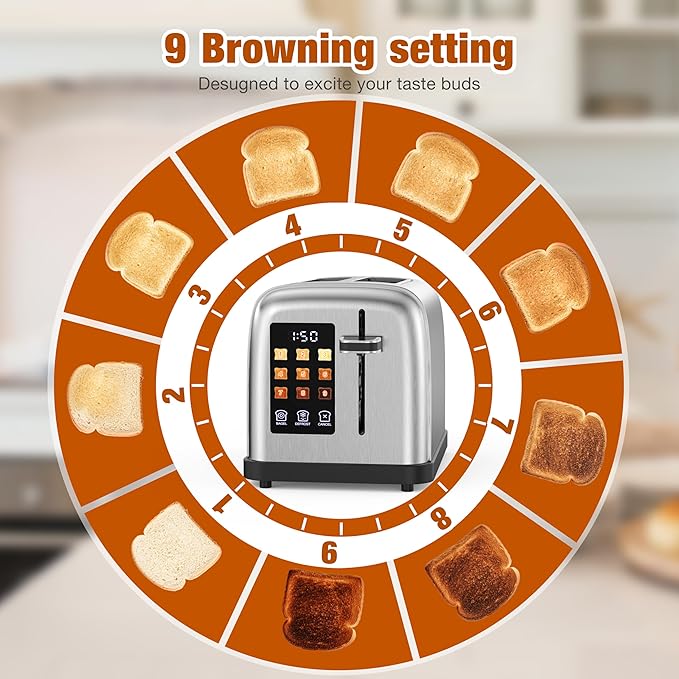 Touch Screen Toaster 2 Slice Stainless Steel Toaster with Digital Countdown Wide Slot LCD Display 2 Slice Toasters Smart Toasters 9 Shade Settings with Defrost/Bagel/Cancel Function