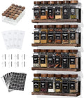 4-Tier Wall Mount Spice Rack Organizer with 24 Glass Jars, 216 Labels & Funnel - Screw/Adhesive Mount, Black Metal & Wood Spice Storage for Kitchen Pantry Cabinet, 11.6”L x 2.4”W x 3.2”H