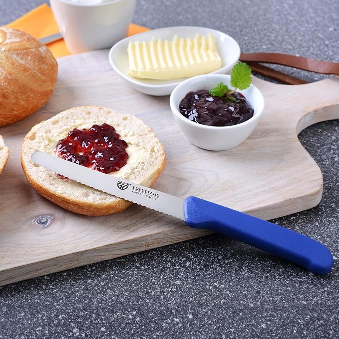 GRÄWE table knife 6 pieces, set for cutting, pack of 6 bread knives, for breakfast with serrated edge on one side, length 8.3 inch - handle color blue
