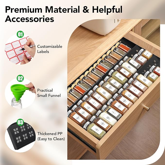 Spice Drawer Organizer 3-Tier Expandable (11"-22" Wide), Spice Rack for Cabinet with Funnel & Spice Labels, Fits Large Jars, Seasoning Storage Insert Design for Cabinet & Drawer (Black)