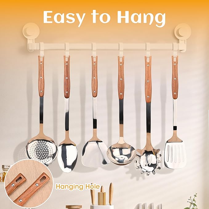 FJNATINH Wok Utensils - Wok Spatula, Soup Ladle, Skimmer, Spaghetti Server, Slotted Turner and Solid Spoon, Stainless Steel Cooking Utensils, Set 6 PCS