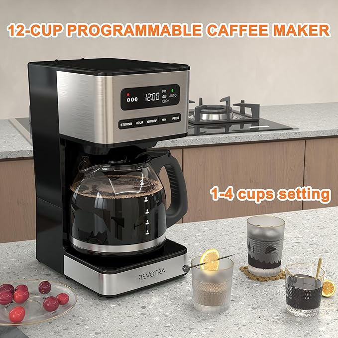 12-Cup Programmable Coffee Maker, Regular & Strong Brew Drip Coffee Machine, 1-4 Cup and Ice Coffee Setting, 24H Timer, Auto Shut-Off, Keep Warm, Pause & Serve, christmas gift